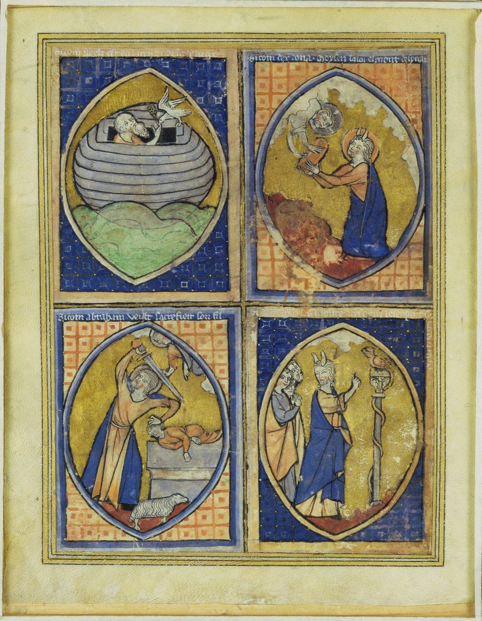 Noa tar emot den vita duvan, Moses tar emot lagens tabeller, offret av Abraham, Moses och den bruna ormen, sent 1200-tal av French School
