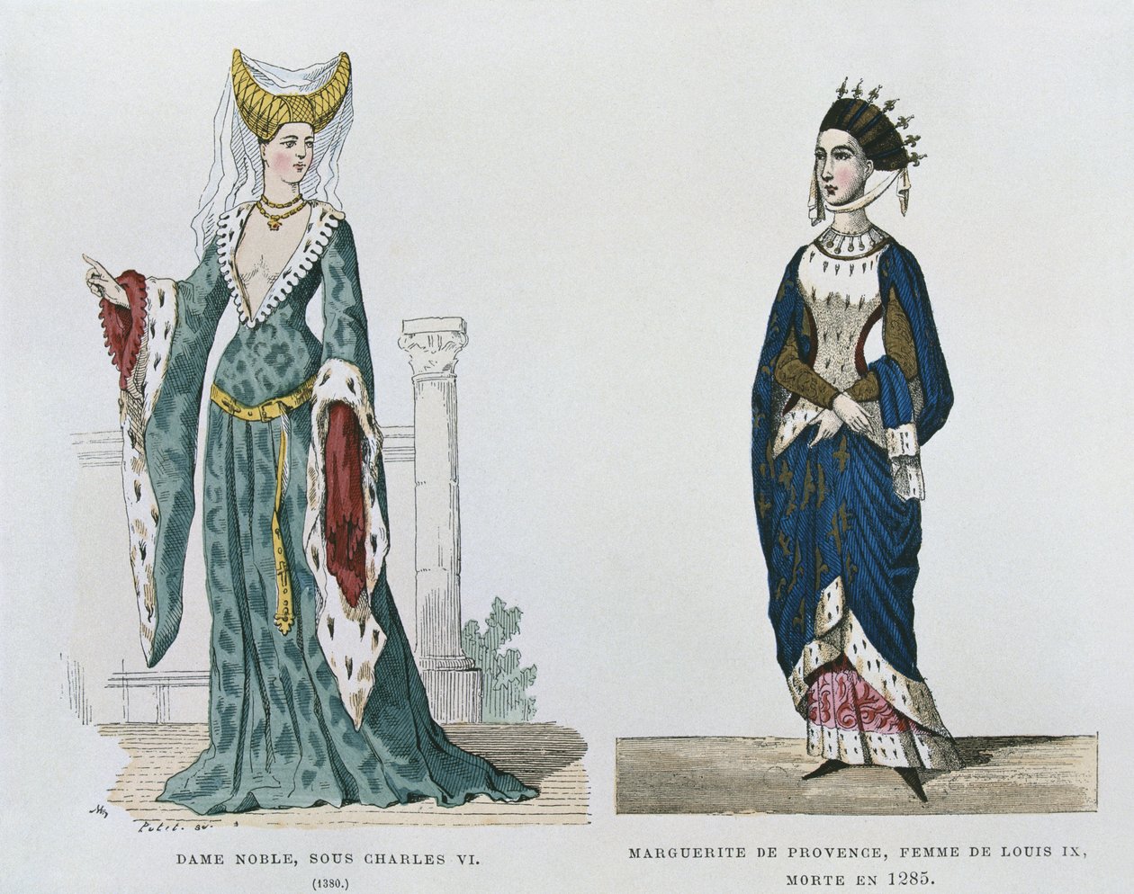 Adelskvinna under Karl VIs regeringstid, Marguerite de Provence, hustru till Ludvig IX, dog 1285, från franska civila och militära dräkter genom århundradena av French School