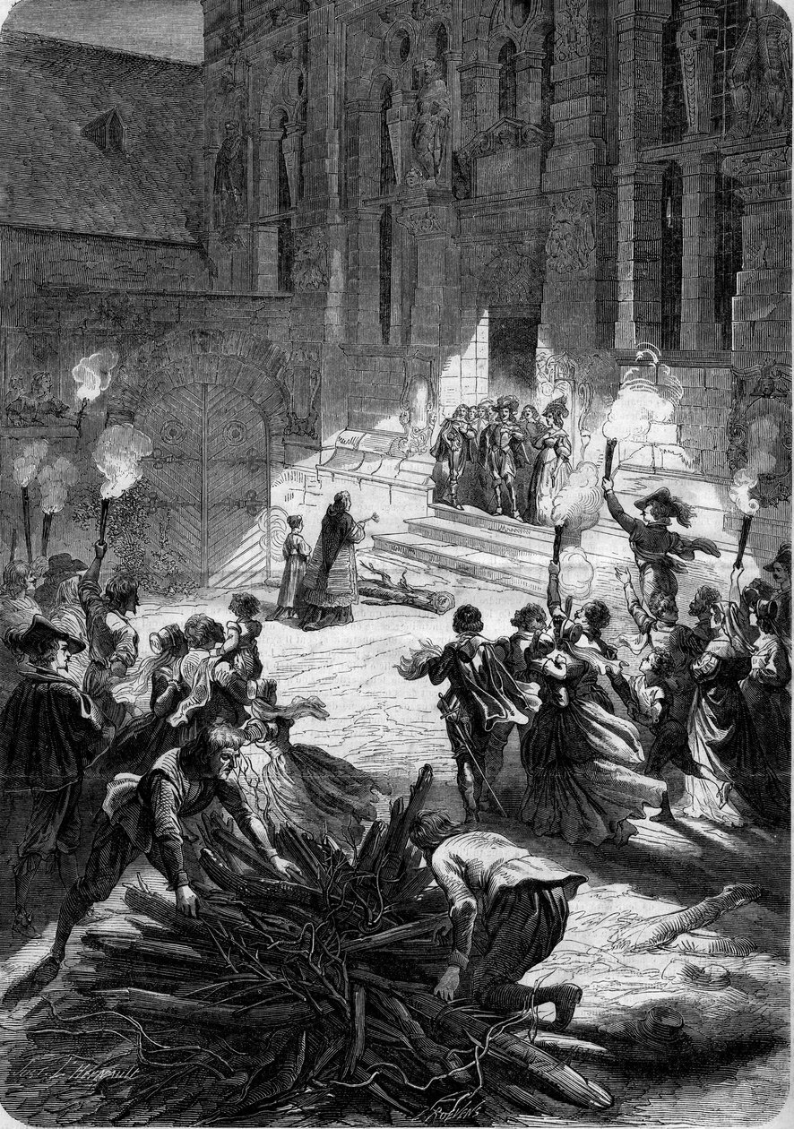 Noel i Frankrike under Ludvig XIII: Herren står framför dörren till sitt slott medan en präst inviger buche som måste ge välsignelse till bostaden. På gården satte bönderna upp en slaktare. 1600-talet. Gravyr i "" Le Monde Ill av French School