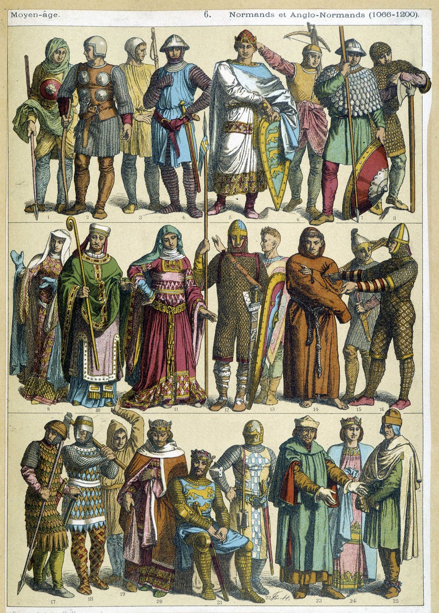 Normandiska och anglo-normandiska civila, religiösa och krigarkostymer (1066-1200) - gravyr av French School