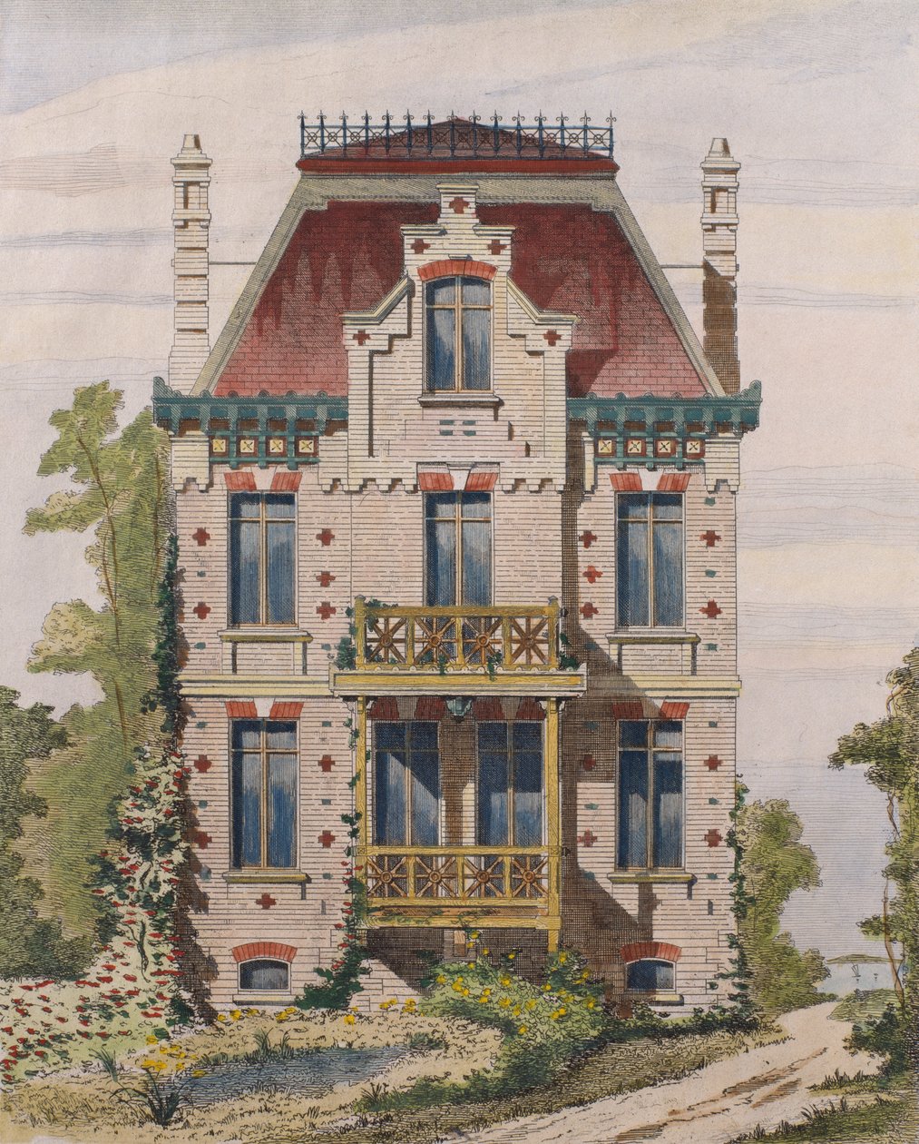 Normandisk villa i Villers sur mer, Normandie, illustration från Le Moniteur des architectes, 1883 (färggravyr) av French School
