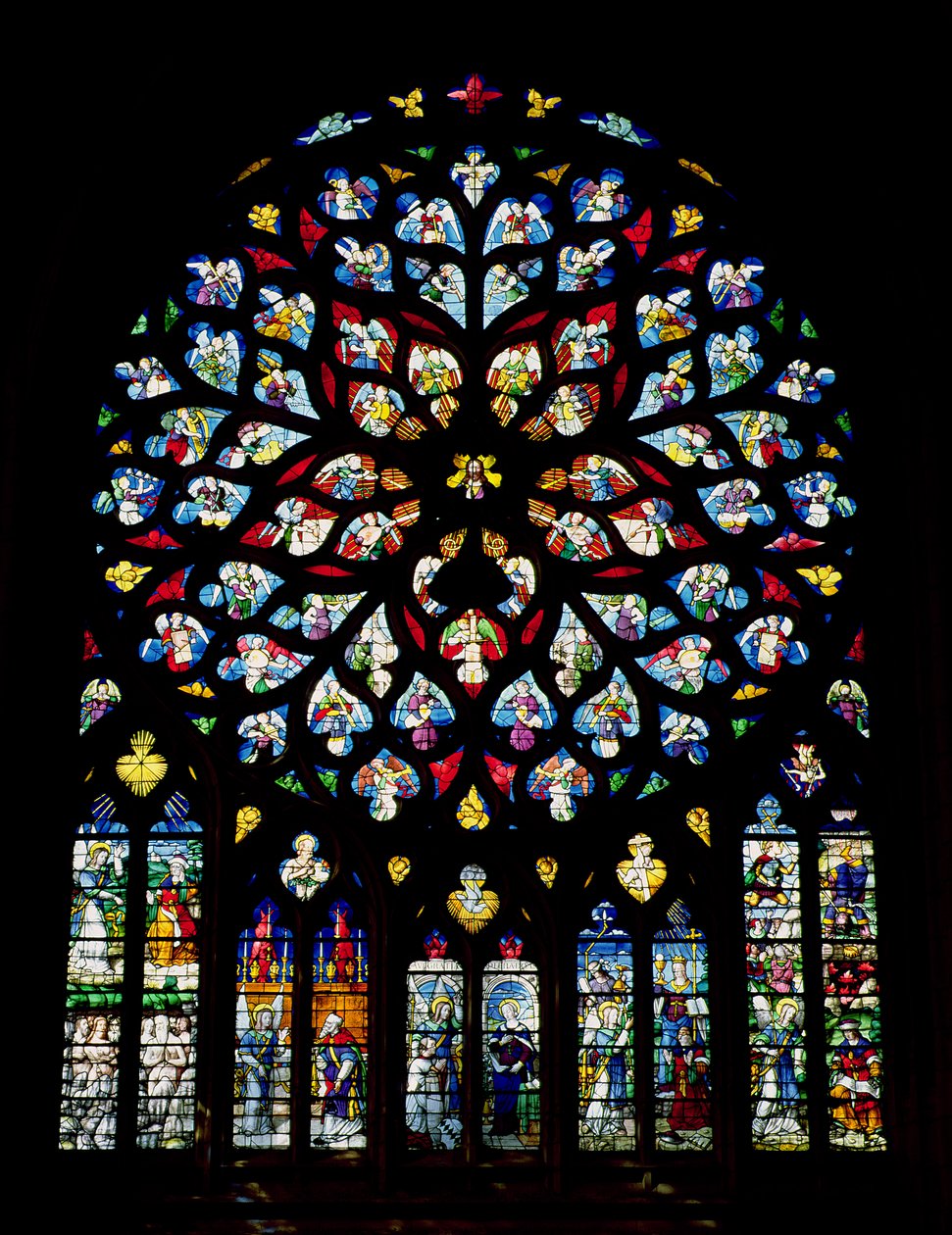 Norra korsarmsrosfönstret föreställande Psalm 150 av French School