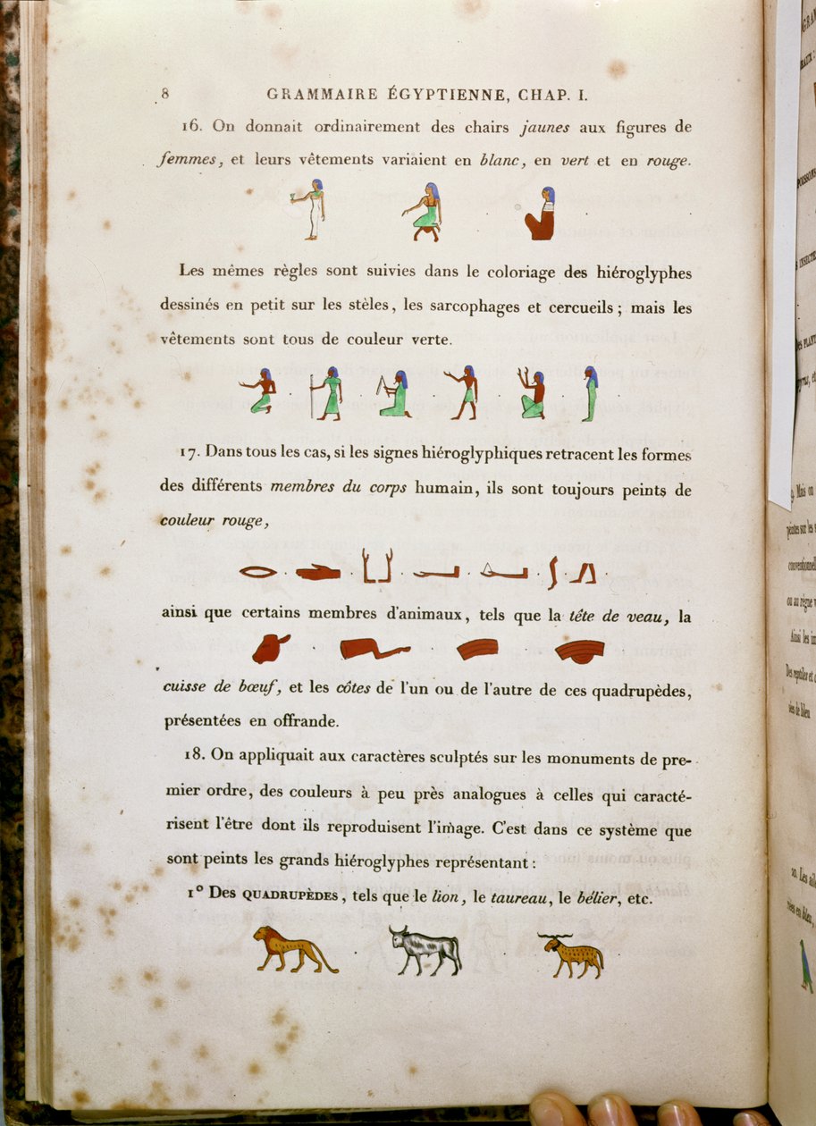 Anteckningar om färgning av vissa hieroglyfer, från Grammaire Egyptienne av Jean Francois Champollion (1790-1832) 1836 av French School