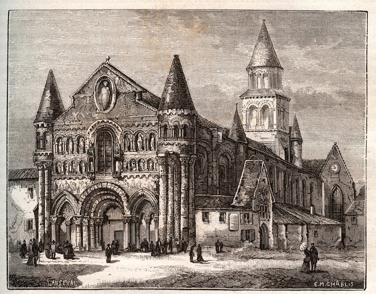 Notre Dame (Notre-Dame) av Poitiers - gravyr i "Frankrike illustrerad: geografi, historia, statistisk administration" av V.A. Malt-Brown. 1884 av French School