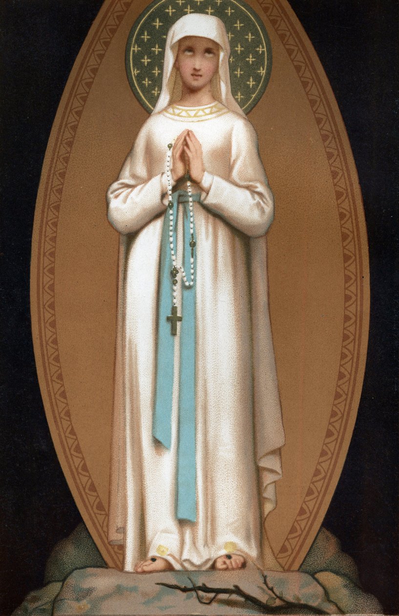 Notre Dame de Lourdes: representation av Jungfru Maria som den skulle ha sett ut för Bernadette Soubirous i grottan i Lourdes 1858. Kromolitografi. Frontispice av "" Notre Dame de Lourdes"" av Henri Lasserre av French School