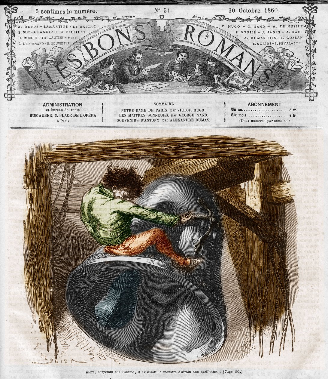 Romanserie: "Notre Dame de Paris" av Victor Hugo (1802-1885). Quasimodo på klocktornet. Gravyr i "" Les bons romances"" av French School