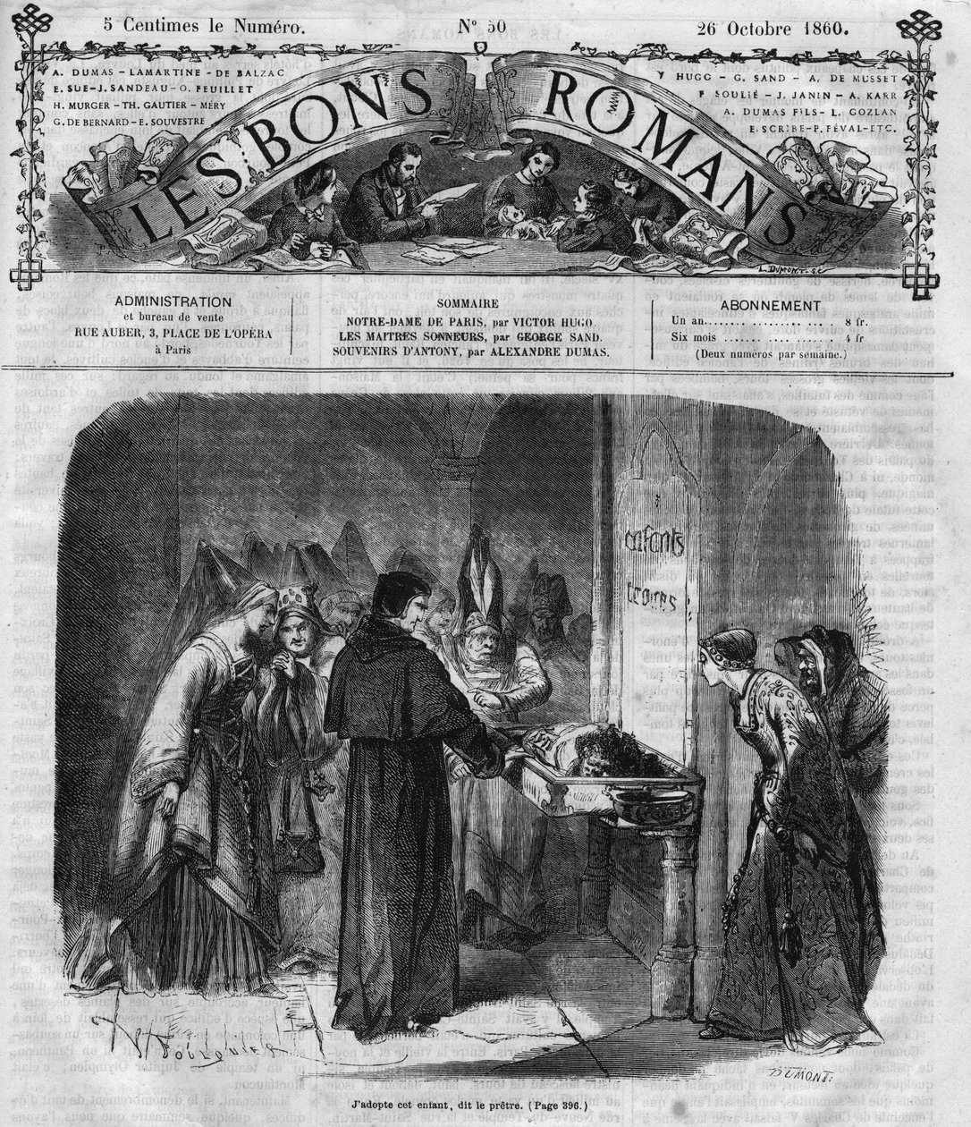 Romanserie: "Notre Dame de Paris" av Victor Hugo (1802-1885). Prästen bestämmer sig för att adoptera Quasimodo. Gravyr i "" Les bons romances"" av French School