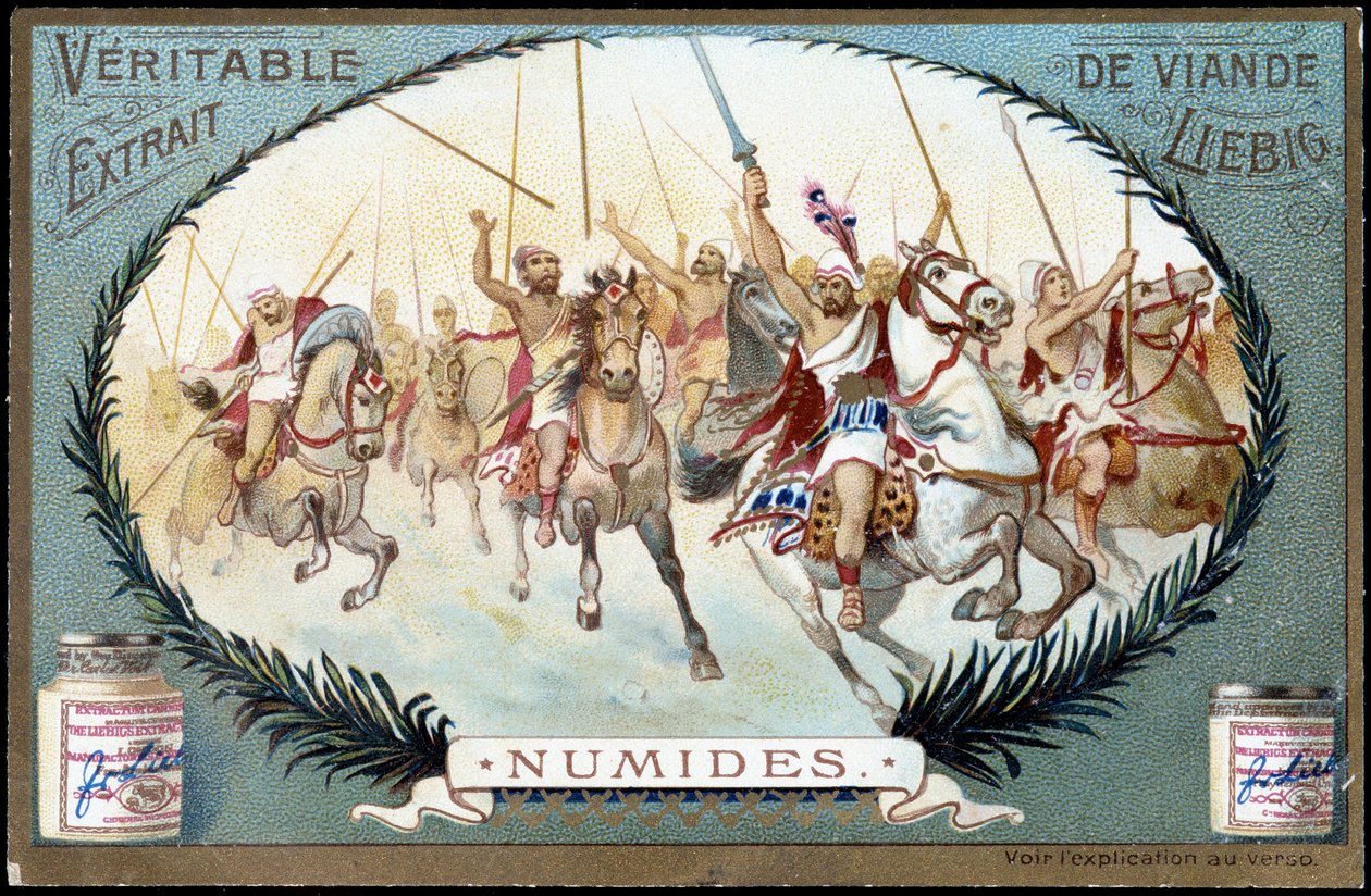 Numidie in Antiquit: Numid hästspel. Liebig-kromolitografi sent 1800-tal. av French School