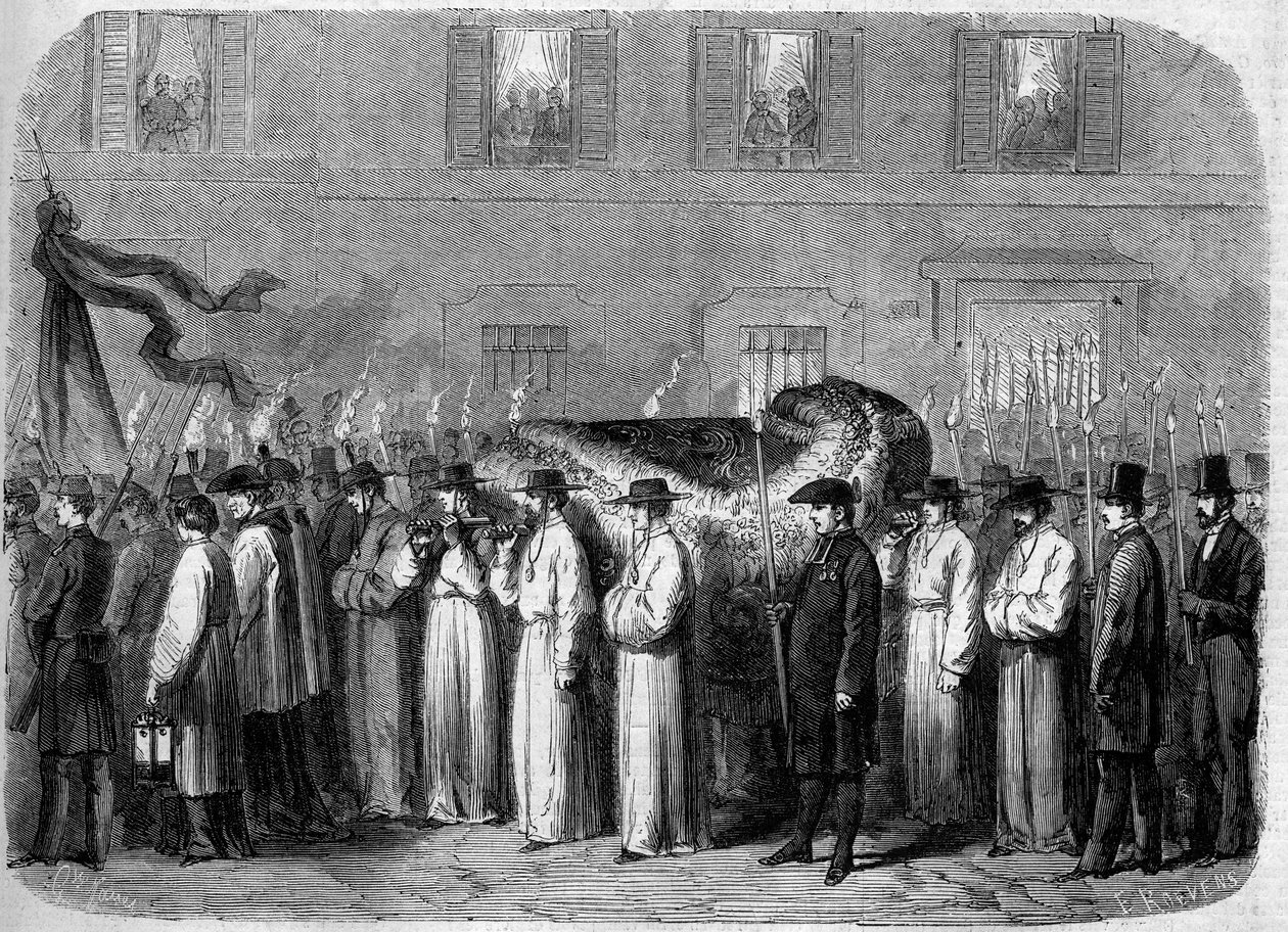 Obseques av Jean Baptiste (Giovanni Battista) Niccolini (1782-1861), 21 september 1861: begravningskonvoj som bär kvarlevorna av den italienska poeten på gatorna i Florens (Firenze), Italien. Gravyr i "" Le Monde Illustré"" nr 234 den 5 oktober av French School