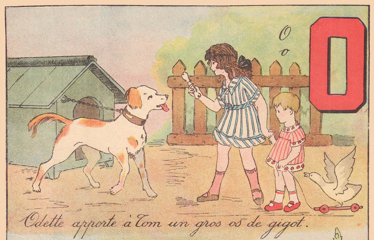 Odette ger Tom ett stort ben, omkring 1920 (tryck) av French School