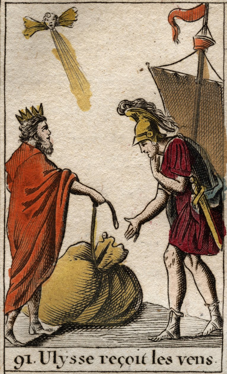 Odyssee av Homere: Eole, kung av ön Cyclops, donerar till Ulysses påsen som innehåller vindarna så att han kan få dem att fungera för sina egna. (Homer