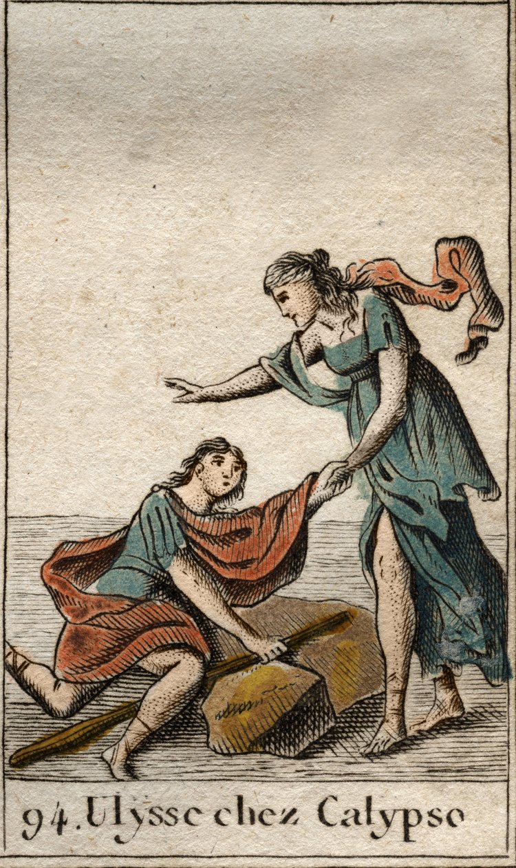 Odyssee av Homere: Ulysses samlad av nymfen Calypso på hans ö. (Homers Odyssé: Odysseus upptäckt av nymfen Calypso på hennes ö) Från "Mythologie de la jeunesse" av Pierre Blanchard 1803. av French School