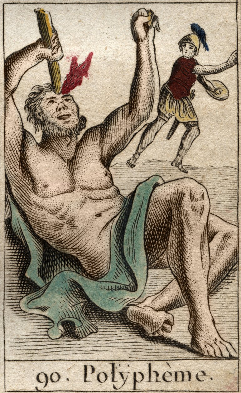 Odysseus (eller Ulysses) förblindar cyklopen Polyphemus, från "Mythologie de la Jeunesse" av Pierre Blanchard av French School