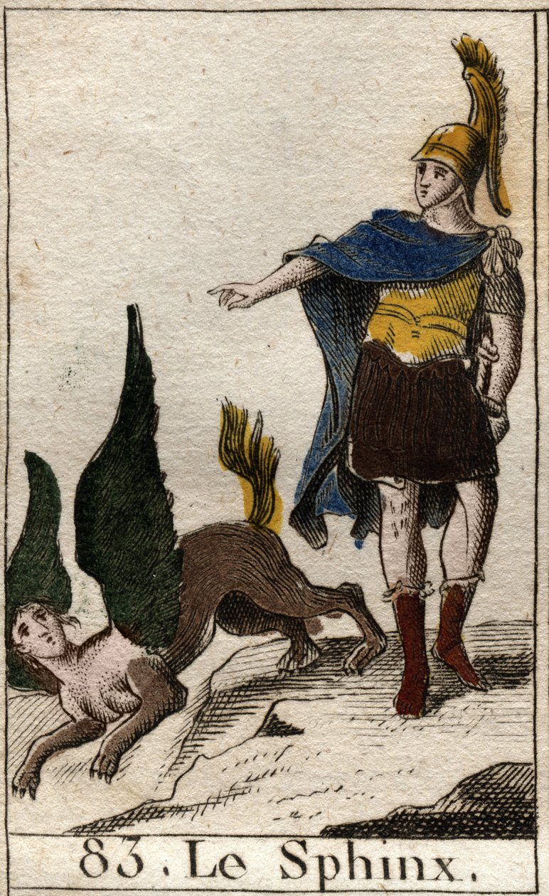 Oidipus löser gåtan om sfinxen som kastar sig från sin höga sten. Från "Mythology of Youth" av Pierre Blanchard 1803. av French School