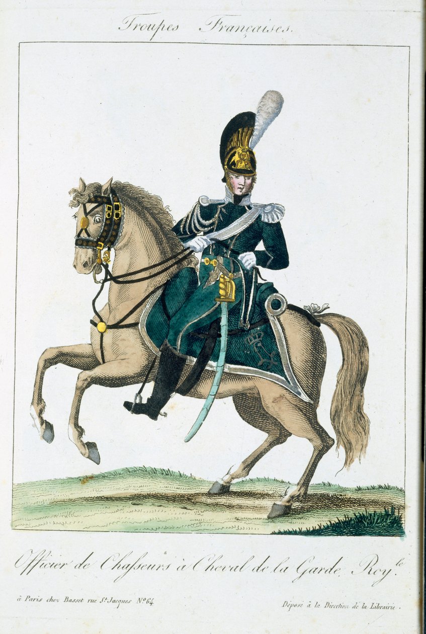 Officer för Royal Horse Guards, från Troupes Francaises, pub. i Basset, Paris, ca 1790 av French School