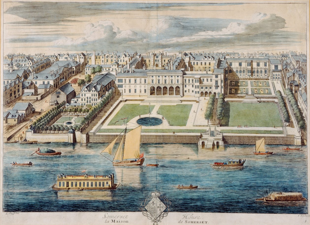 Old Somerset House on the Strand, graverad av Jean Benoit Winckler av French School