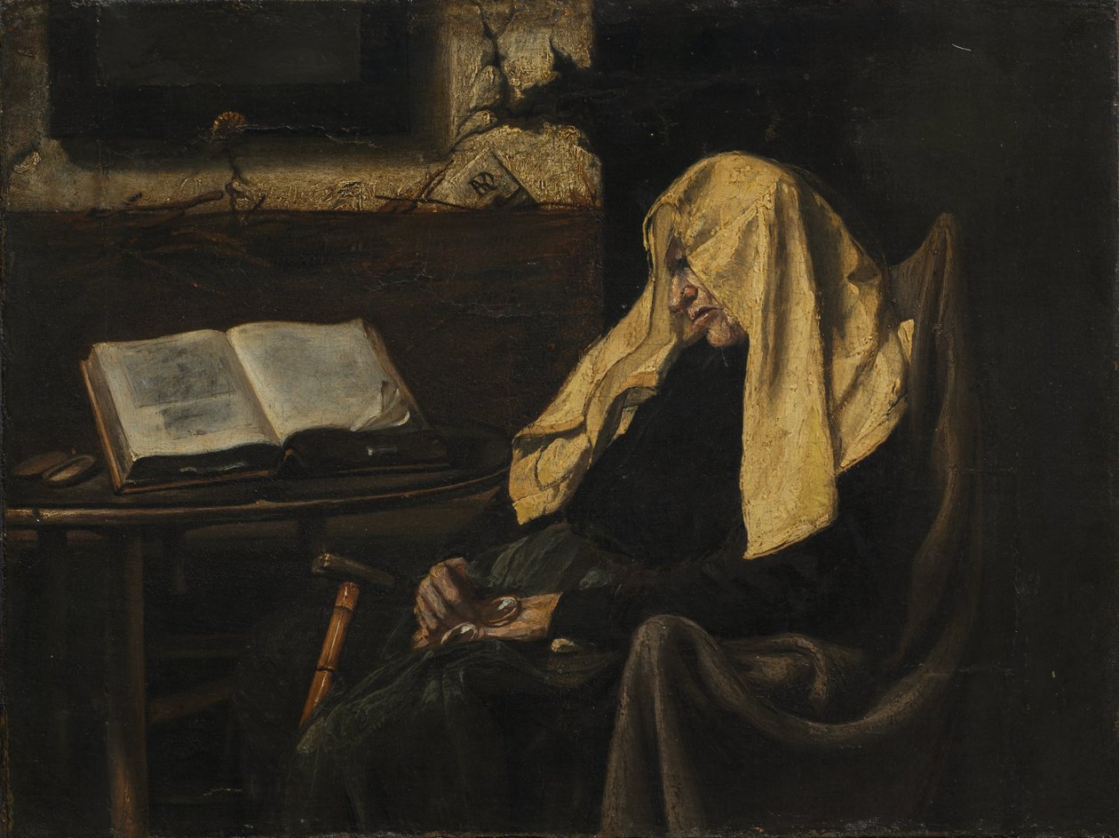 Old Woman Asleep, mitten av 1800-talet (olja på tyg) av French School