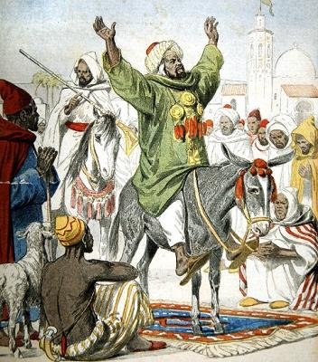 Omar Zarahun, tronpretendent i Marocko, predikar ett heligt krig, omslagsillustration till Le Petit Journal, 23 november, 1902 av French School