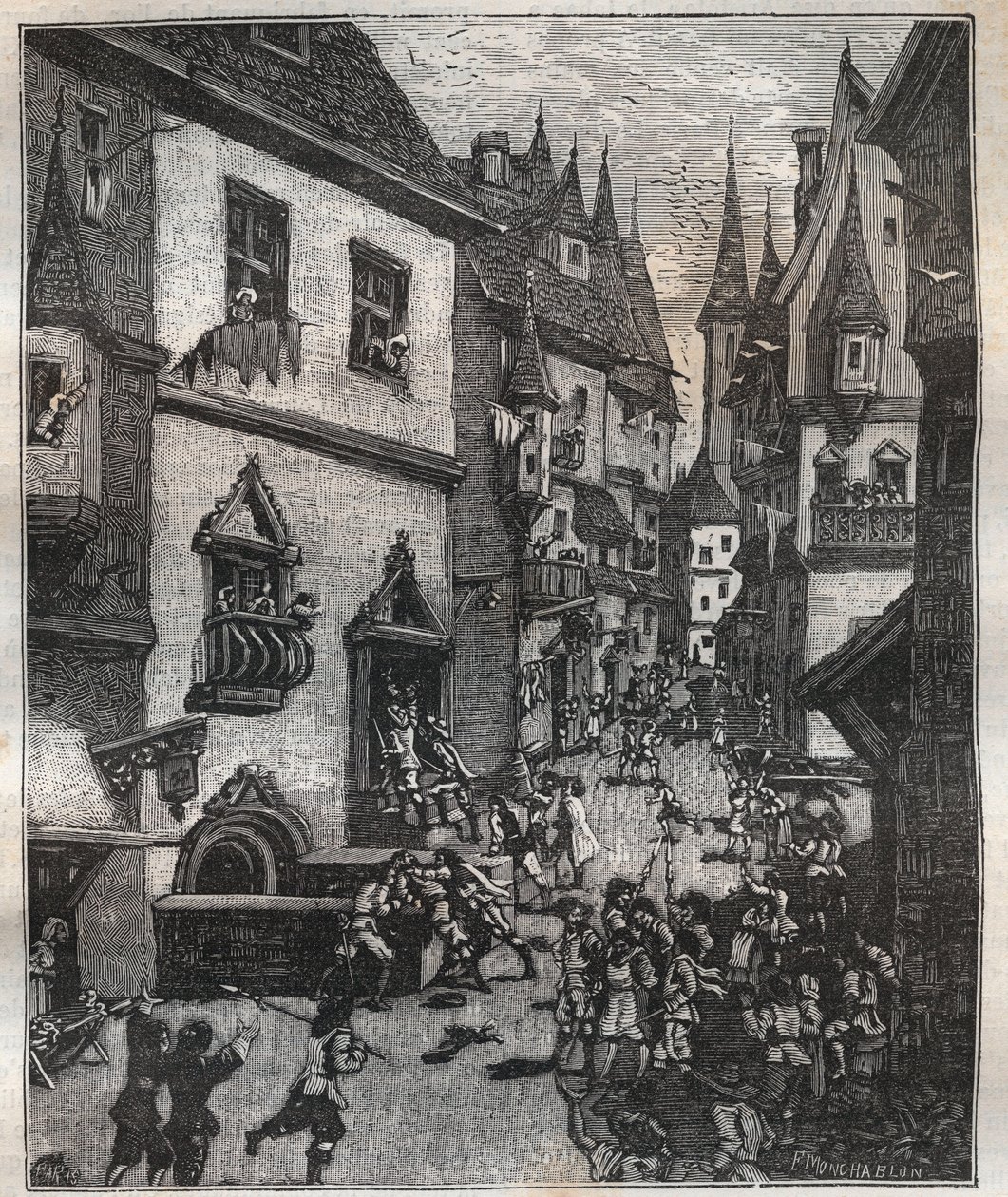 Den 20 maj 1636 arresterades åtta förfalskare i rue Champfleuri av två poliskommissarier åtföljda av ett dussin sergeanter - i "Paris a travers les siecles"" av Nicolas Jules Henri Gourdon de Genouillac (1826-1898) av French School