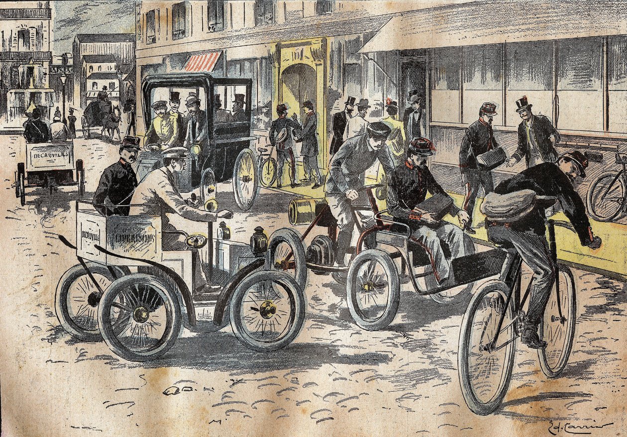 Den 5 oktober 1899 ledde understatssekreteraren vid postkontoret Leon Mougeot (1857-1928) de första testerna av cyklar och olika bilar, för att lyfta post, vid det centrala postkontoret i XII arrondissementet i Paris . Gravyr i "" Le P av French School