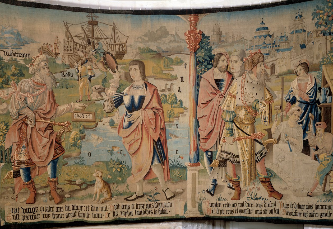 Till vänster, Samothes (eller Samote), den första kungen av gallerna, en spira i handen och ett alfabet (han skulle vara bokstävernas uppfinnare), längst ner en båt och landskap i Gallien, Medelhavet, Rhône och hav, till höger, Celtic Jupiter med av French School