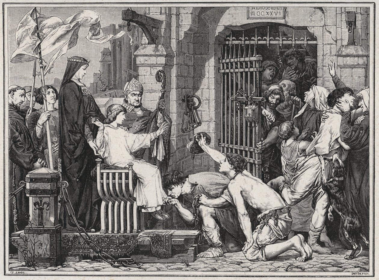 Med anledning av sin framtid (1227) fick den unge Ludvig IX fångar att delivera - gravyr i "Les Hommes Celebres de la France" av Louis Dumas 1889 av French School
