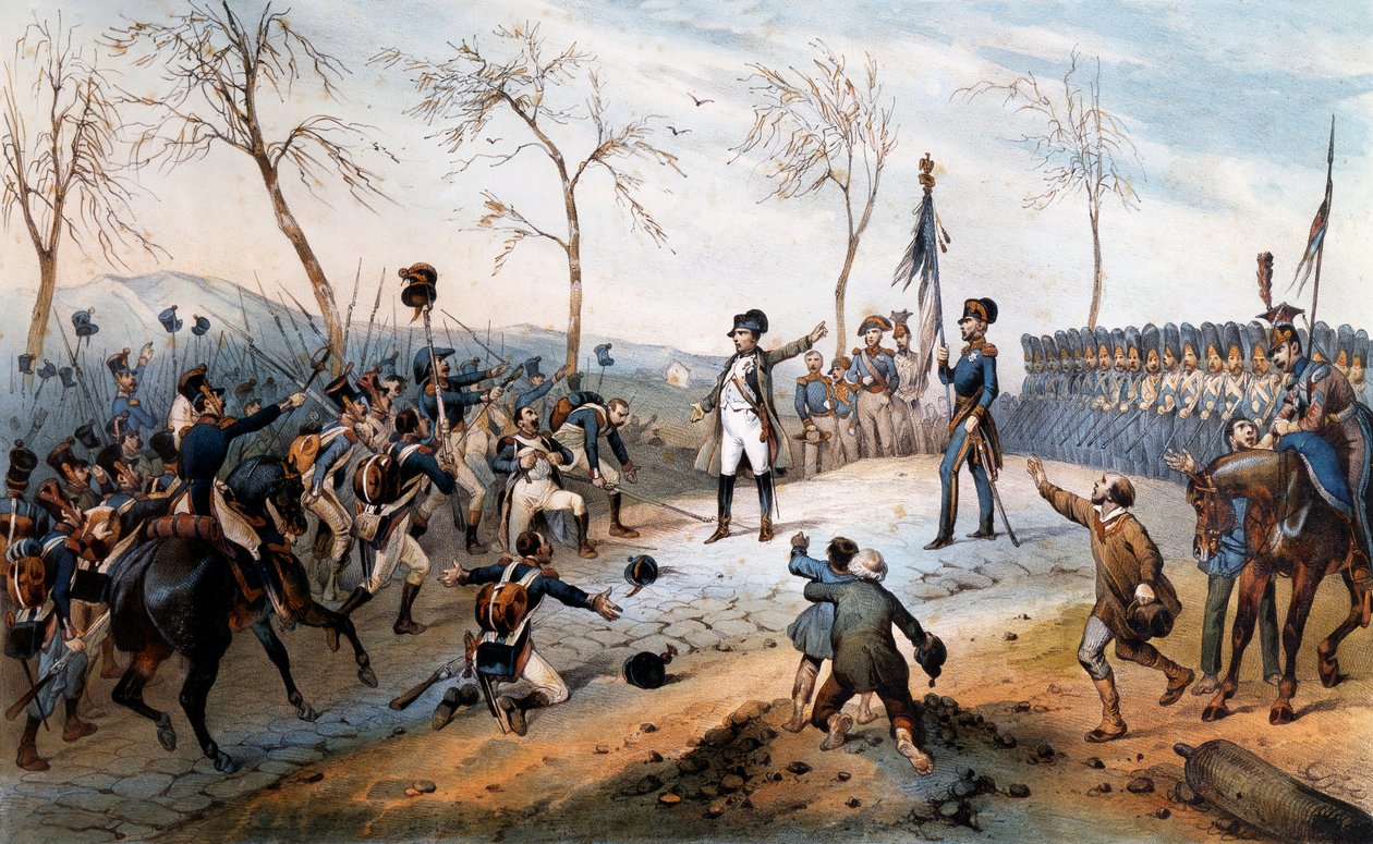 Hundra dagar: "" Napoleon Bonaparte (1769-1821) återvänder från exil på ön Elba 1815 - Napoleons återkomst från Elba. av French School
