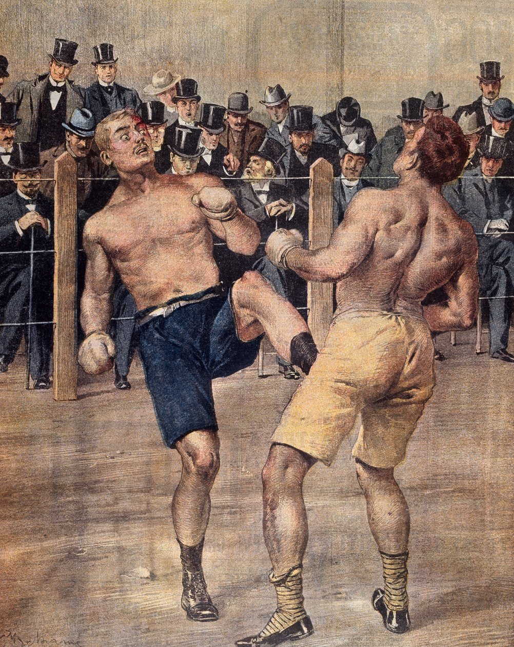 Ett av de första räddningsmötena, fransk boxning, utkämpades i Paris 1899, Färggravyr. Frankrike av French School