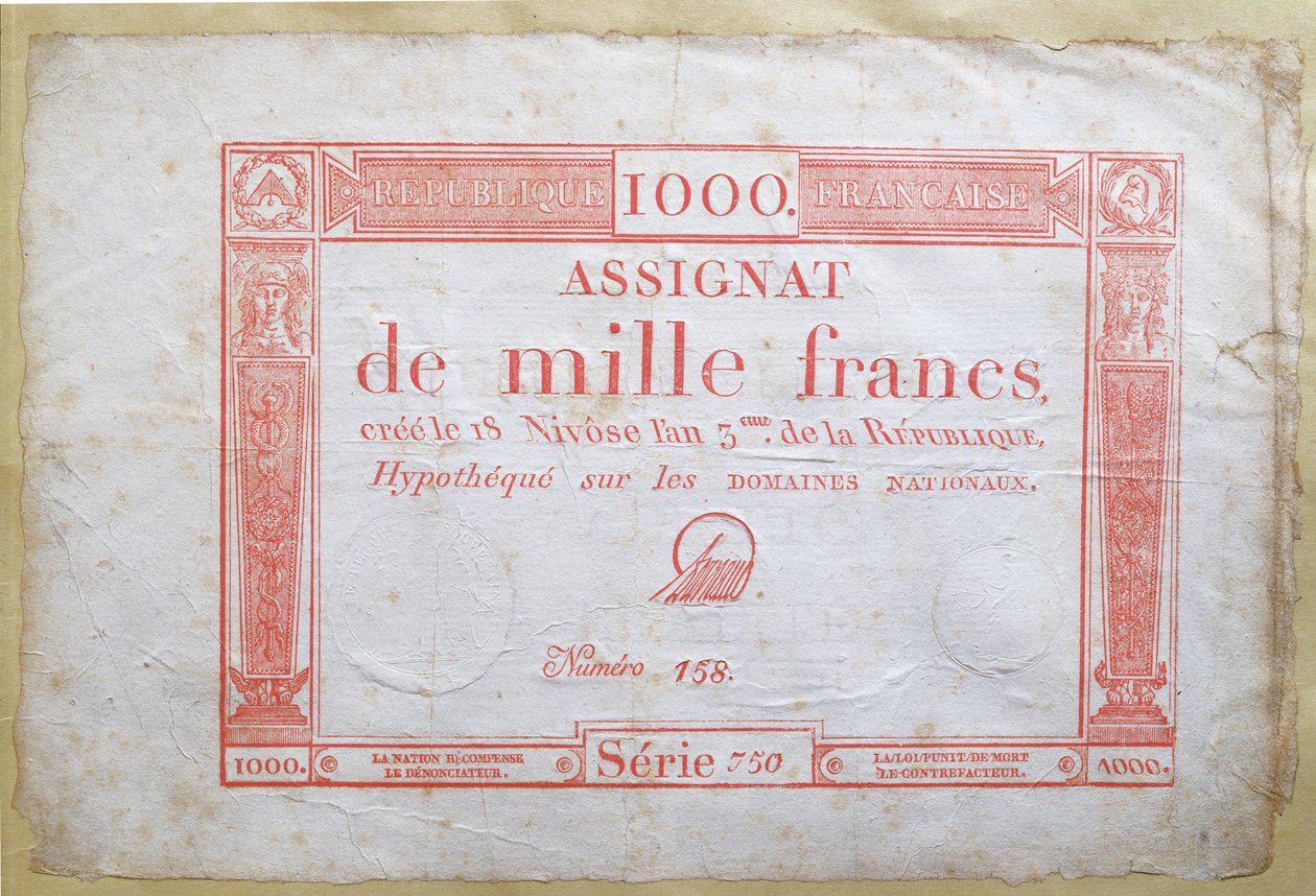 En tusen franc sedel, 1795 (bläck på papper) av French School