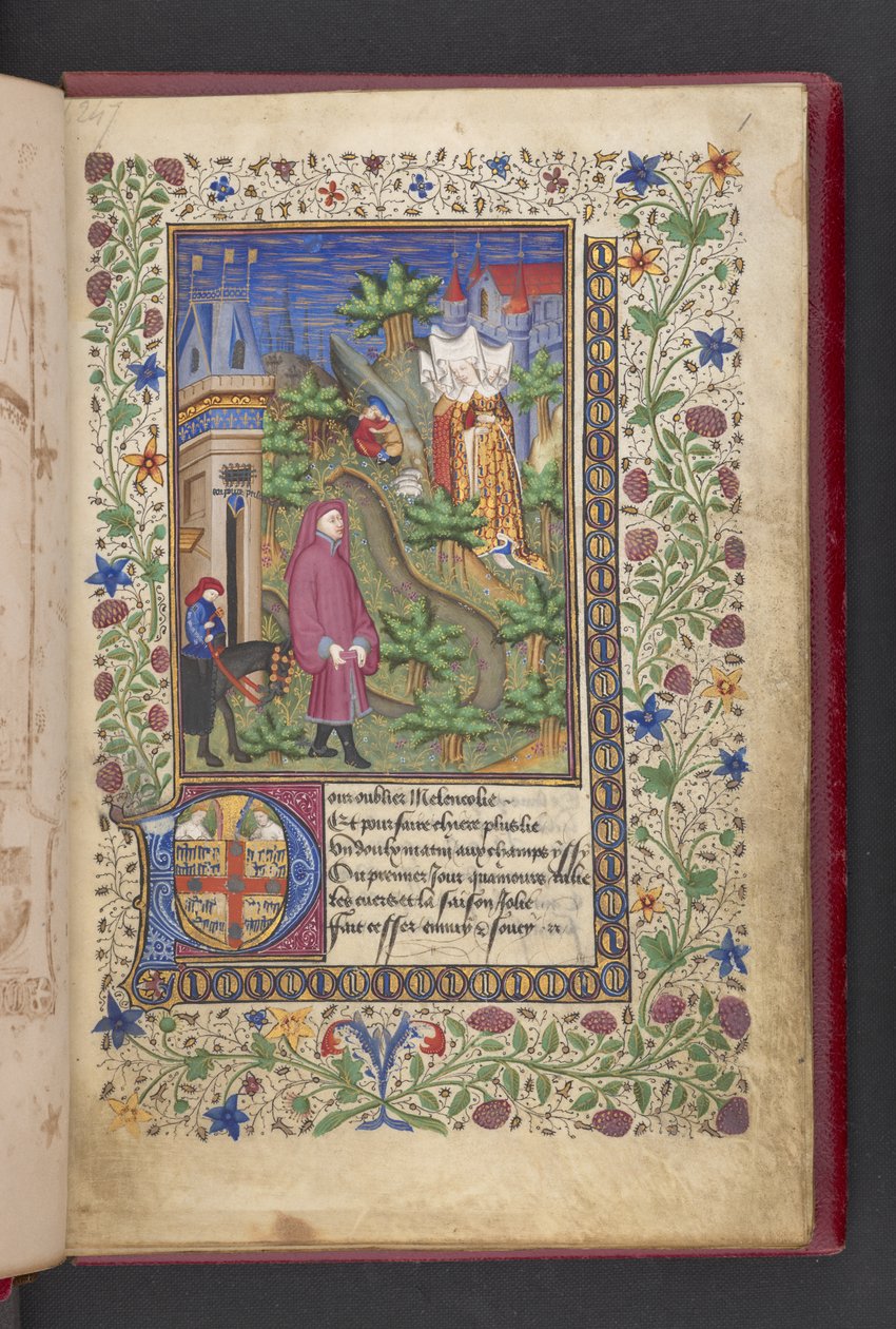 Öppningssida. En gentleman i ett landskap, följt av en annan på en häst, med tre damer.  Le livre des quatre dames; av Alain Chartier. Le livre des quatre damer; av Alain Chartier.  Chartier, Alain, Ospecificerad, sekreterare för Charles V av French School