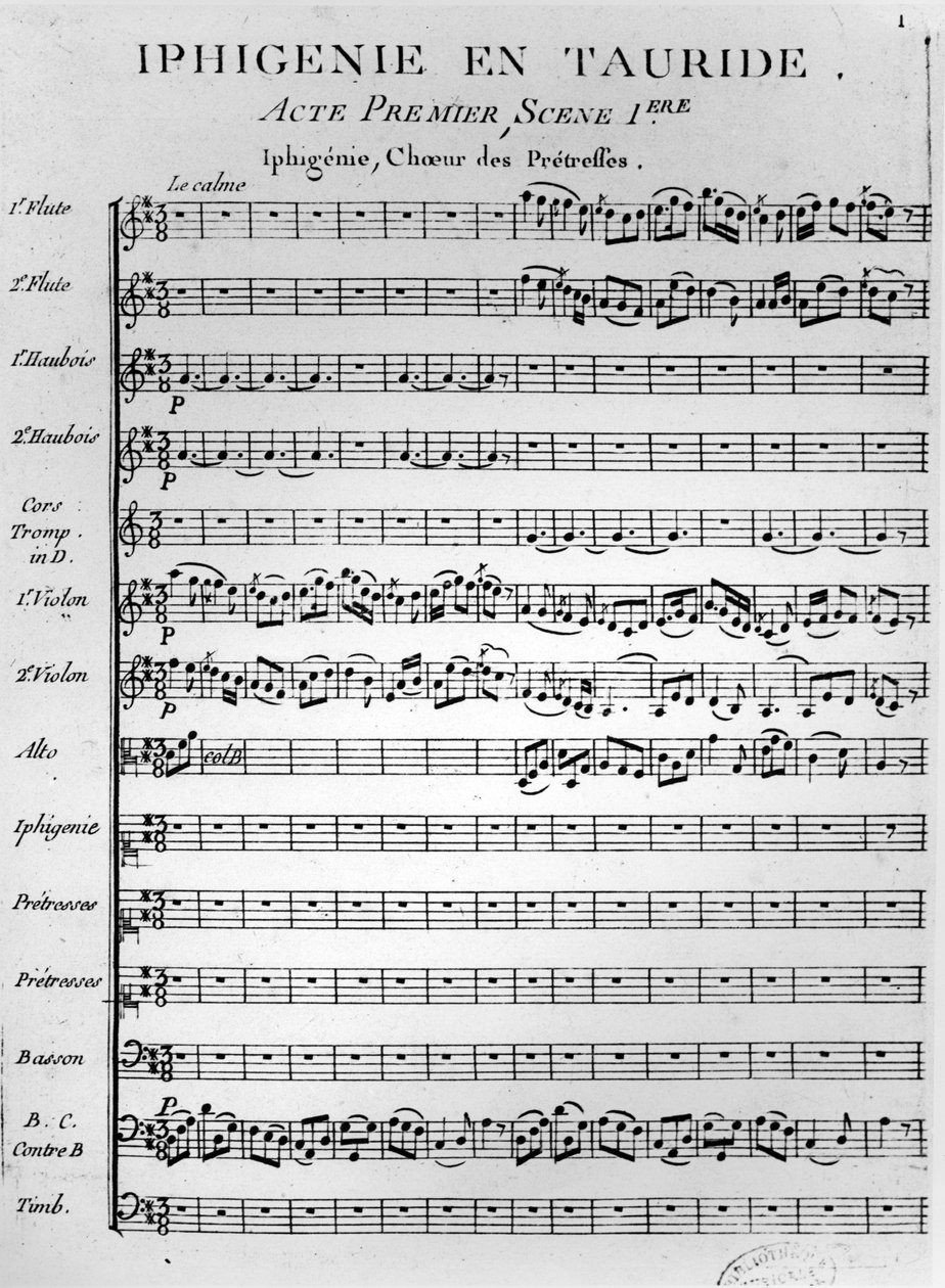 Inledande sida av partituren till Iphigénie en Tauride av Gluck (tryck) av French School