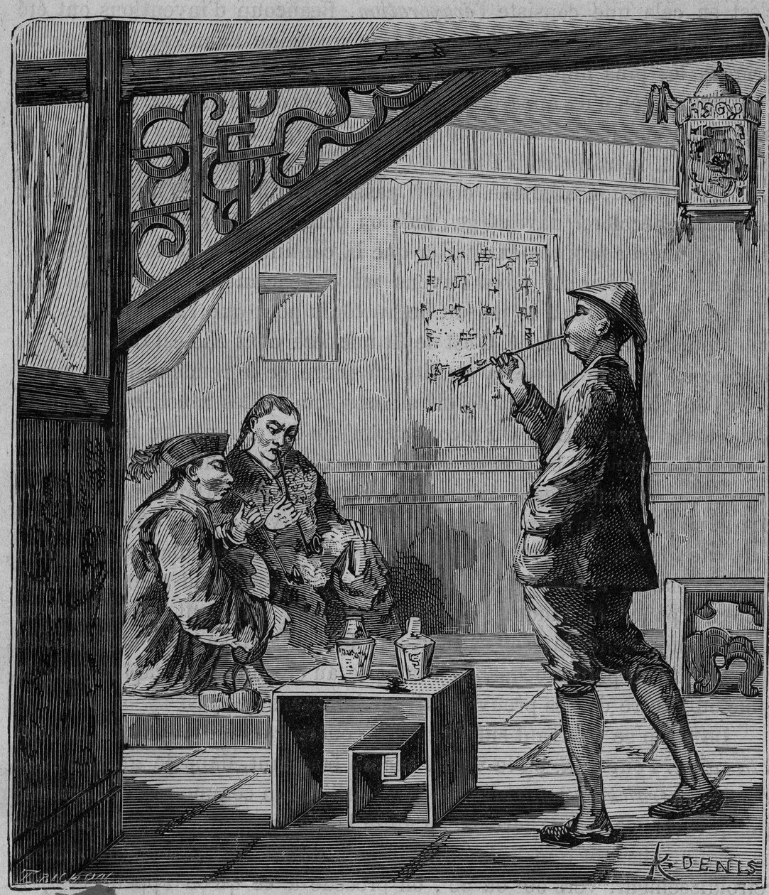 Opiumrökare i Kina på 1800-talet - Kinesiska opiumrökare - Gravyr i "" Vetenskaper tillgängliga för alla - Populär fysik och kemi"" av Alexis Clerc - Slutet av 1800-talet - Privat samling av French School