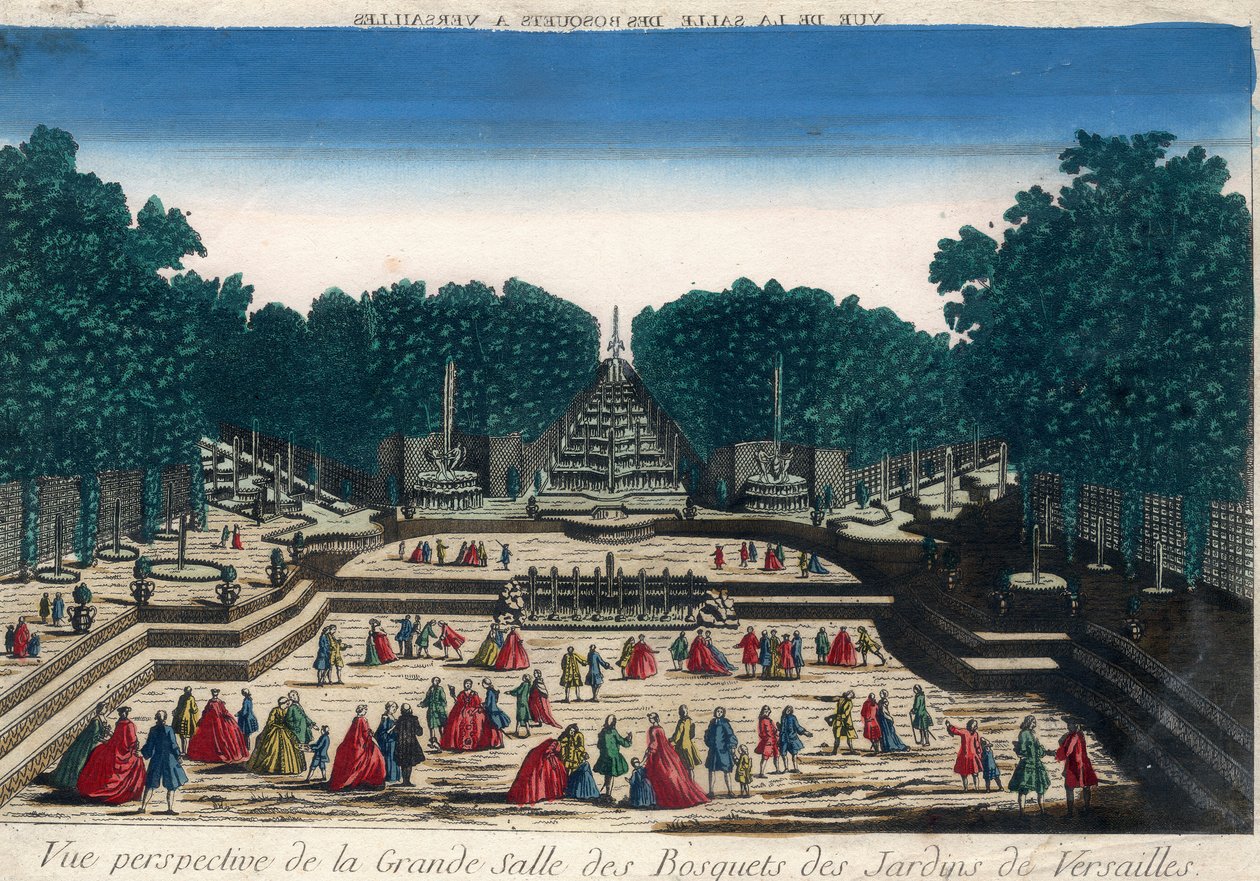 Optisk vy: Perspektivvy av den stora hallen i lundarna i Versailles trädgårdar. Gravyr av 1700-talet. av French School