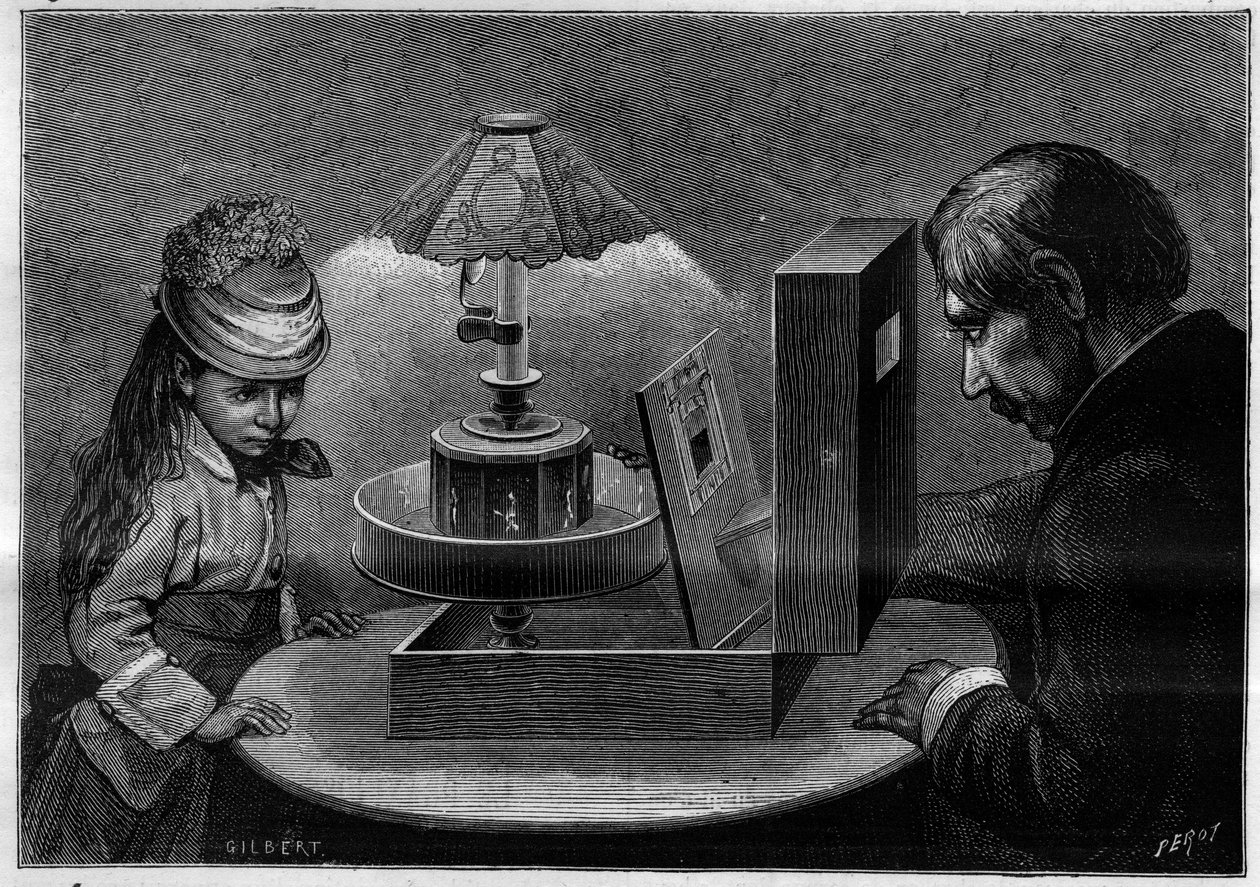 Optisk illusion: praxinoskopteatern, apparat uppfann av Emile Reynaud (1844-1918). Gravyr i "" Nature. Granskning av vetenskap och dess tillämpningar på konst och industri. av French School