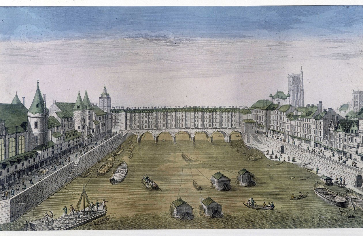 Optisk vy över Paris: Le Pont au change. sd. v. 1800, staden Paris. av French School