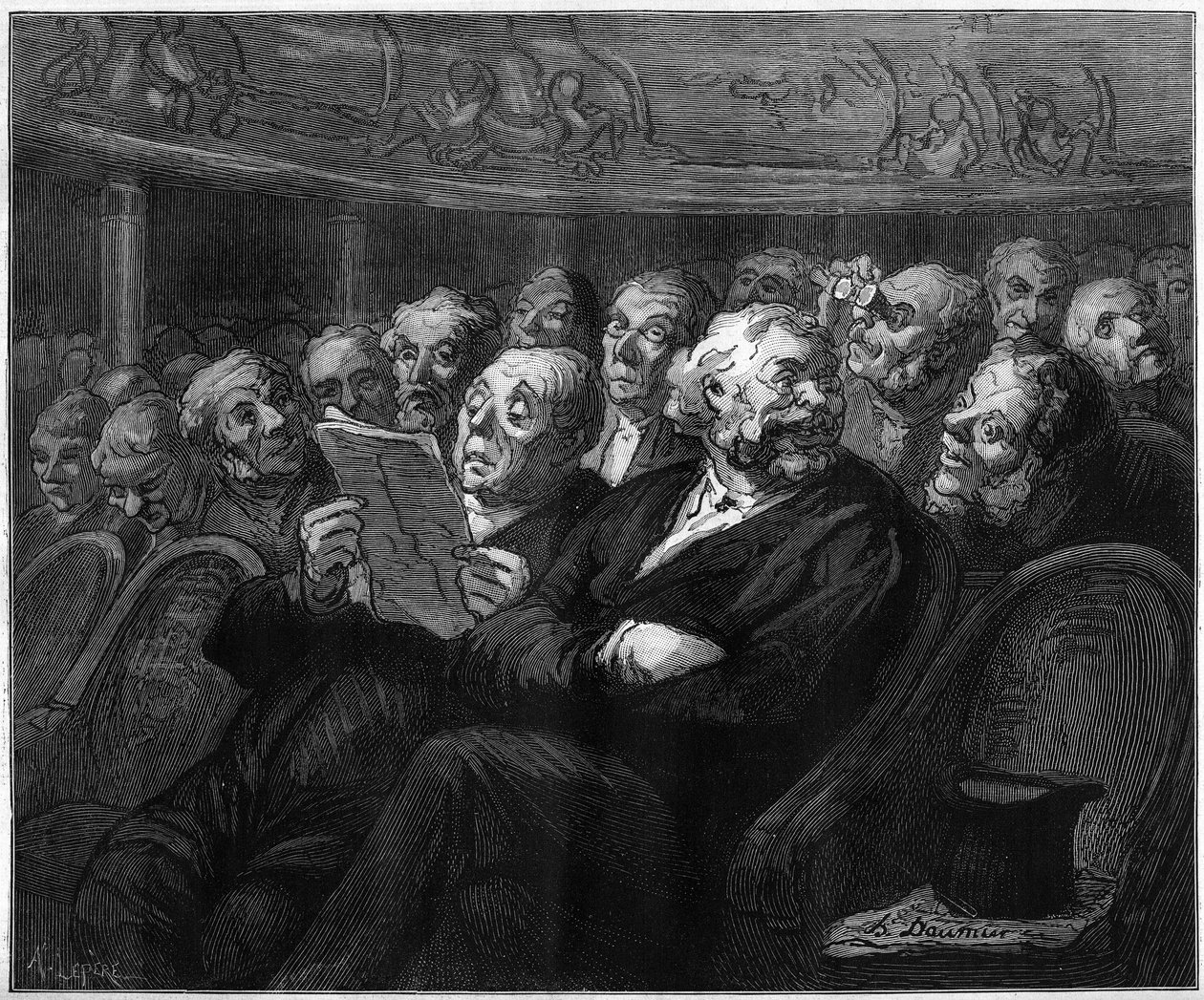 Orkesterstolar. Tecknad av Honore Daumier (1808-1879). Gravyr i "" Den illustrerade världen"" nr 1101 av 4 maj av French School