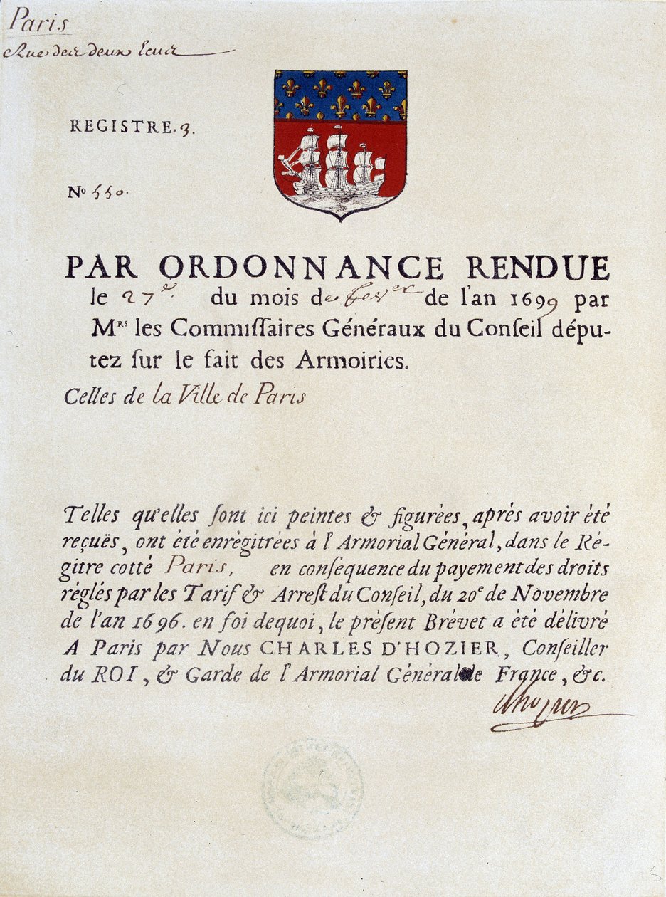 Order om upprättande av staden Paris vapen, 27 februari av French School