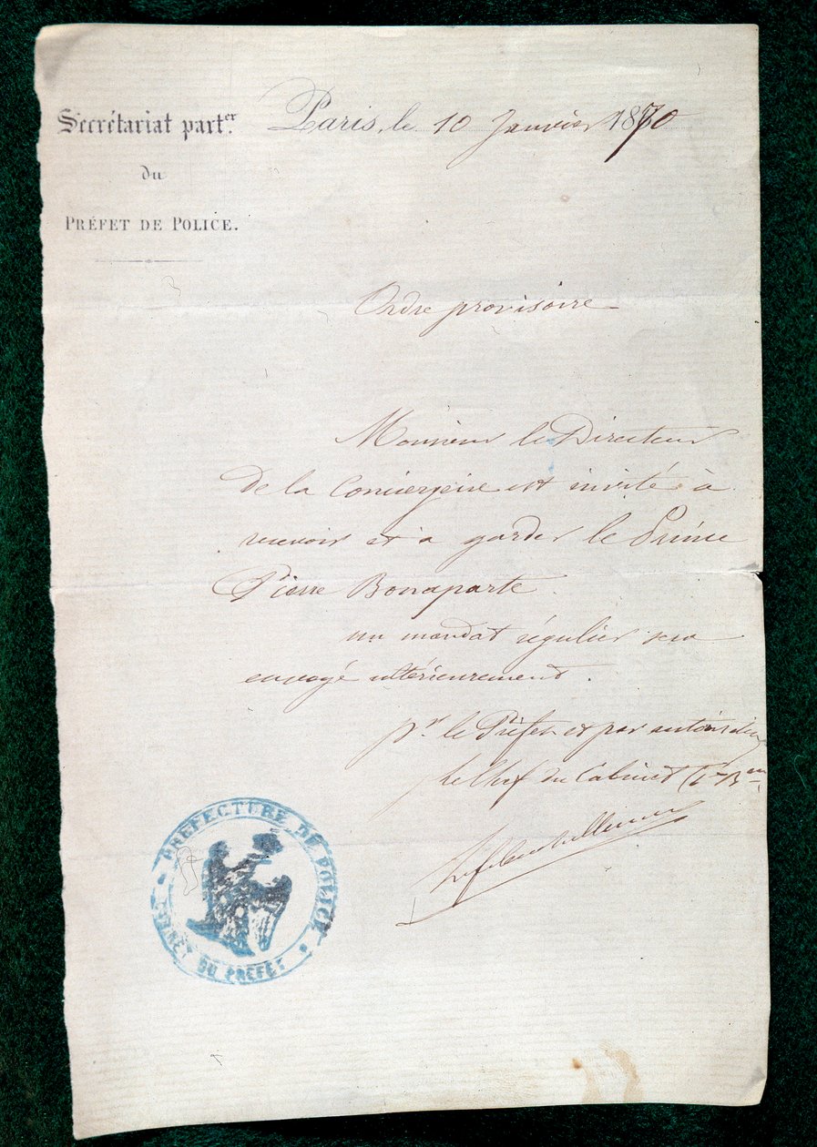 Order om fängelse till prins Pierre Bonapartes (1815-1881) concierge den 10 januari av French School