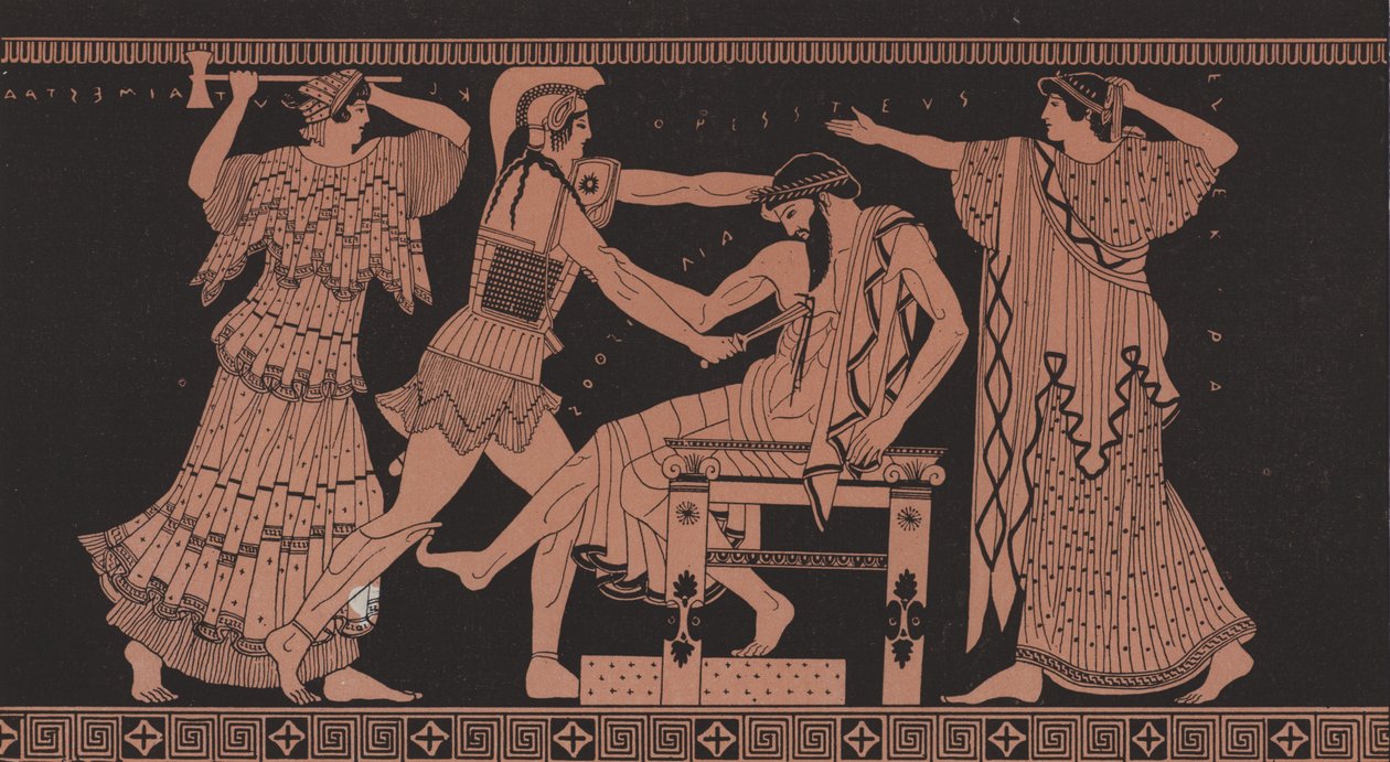 Orestes dödar Aegisthus (färglitografi) av French School