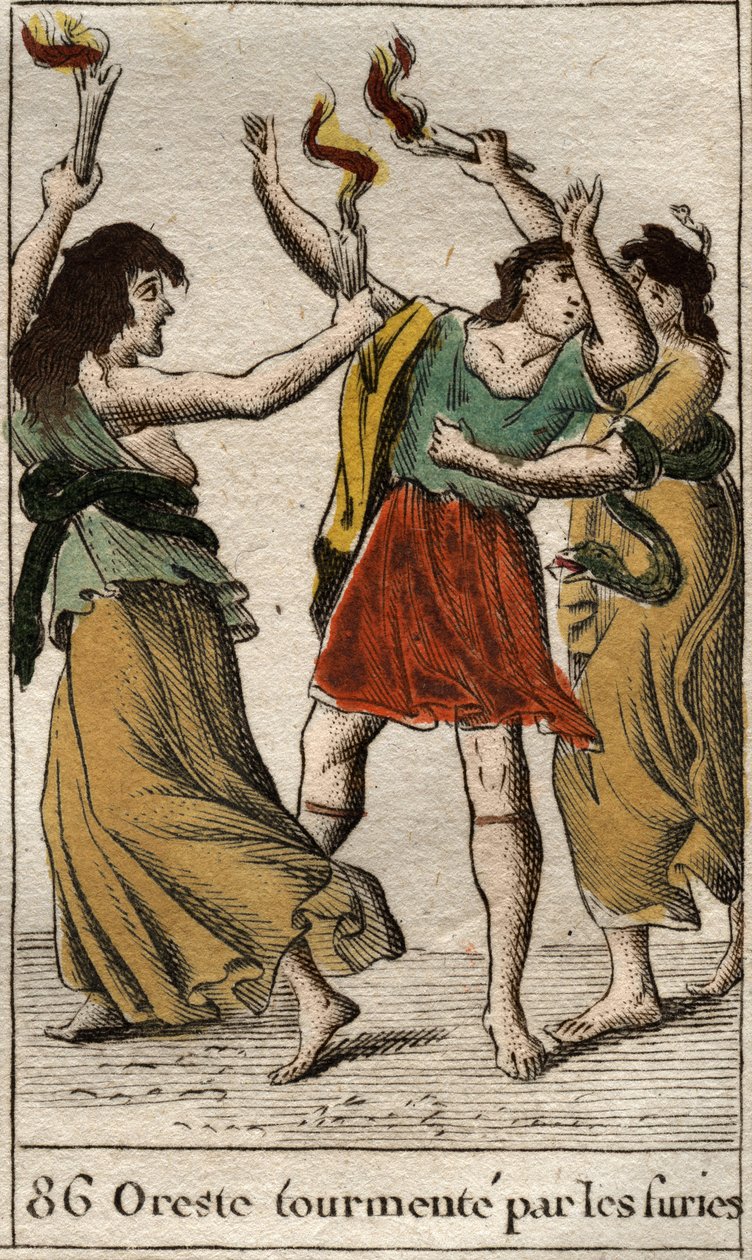 Orestes förföljd av erinyerna (eller furierna) för att ha hämnd sin far Agamemnons död genom att döda sin mor Clytemnestra). Från "Mythology of Youth" av Pierre Blanchard 1803. av French School