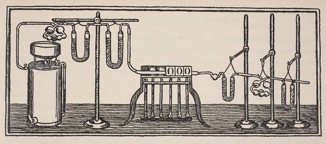 Organisk kemisk analys, kopia av Boris Mestchersky (d.1957) illustration från Histoire de la Nation Francaise, Sciences, Volumes I & II, av Gabriel Hanotaux (1853-1944), 1924 av French School