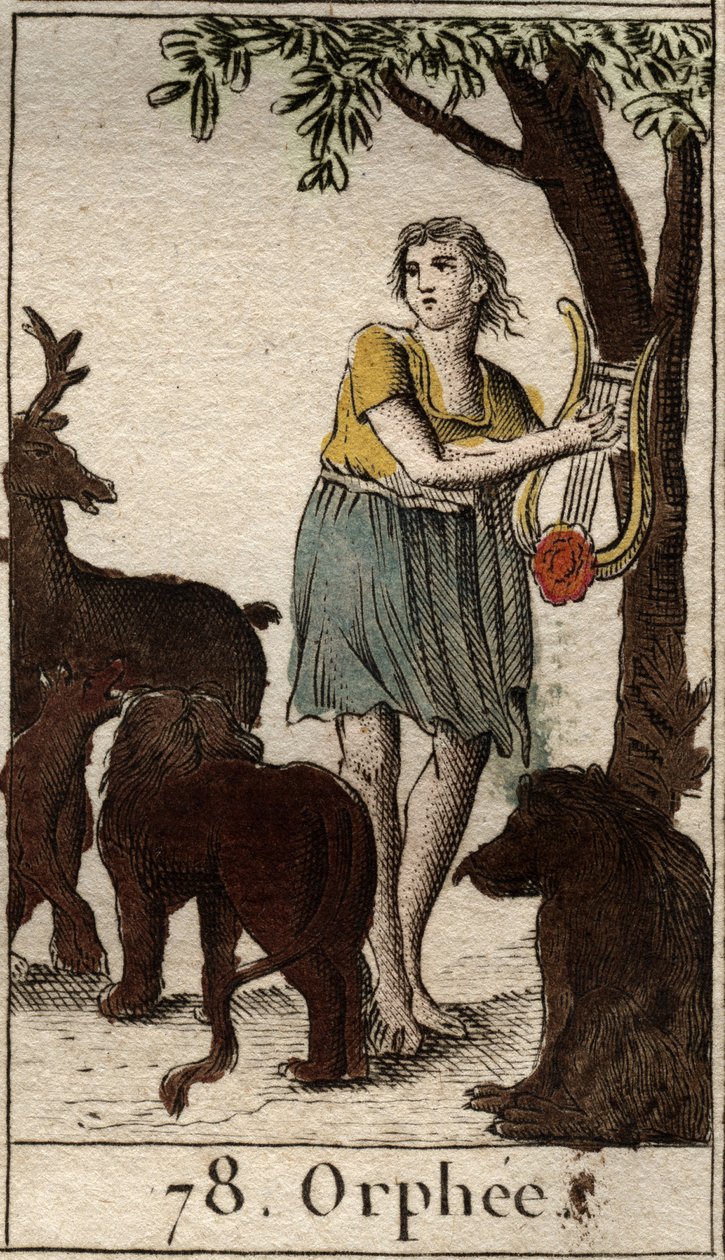 Orpheus charmar de vilda djuren genom att spela sin lyra från "Mythologie de la jeunesse" av Pierre Blanchard 1803. av French School