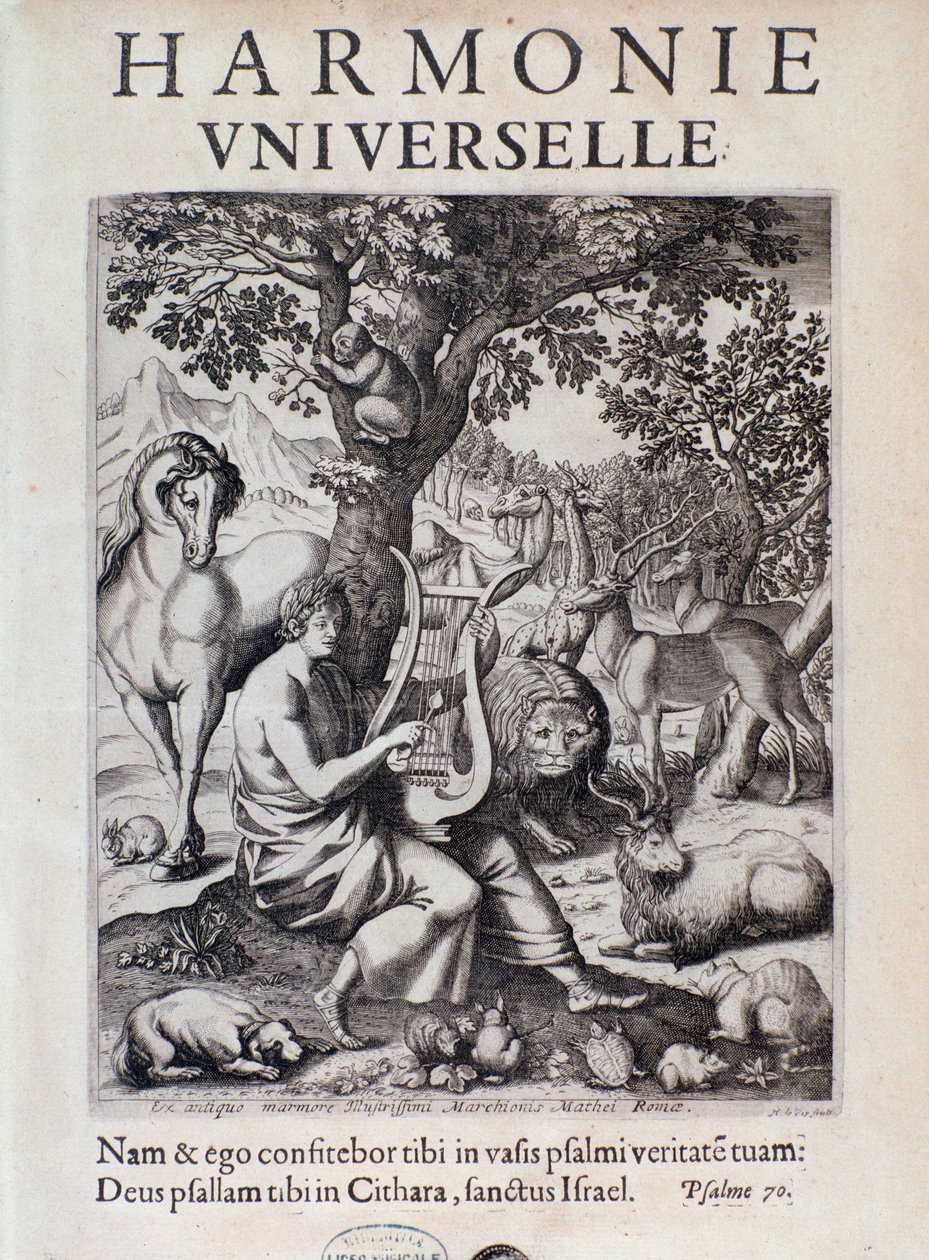 Orfeus spelar för djur. Frontispizbild av Harmonie universelle av Marin Mersenne av French School