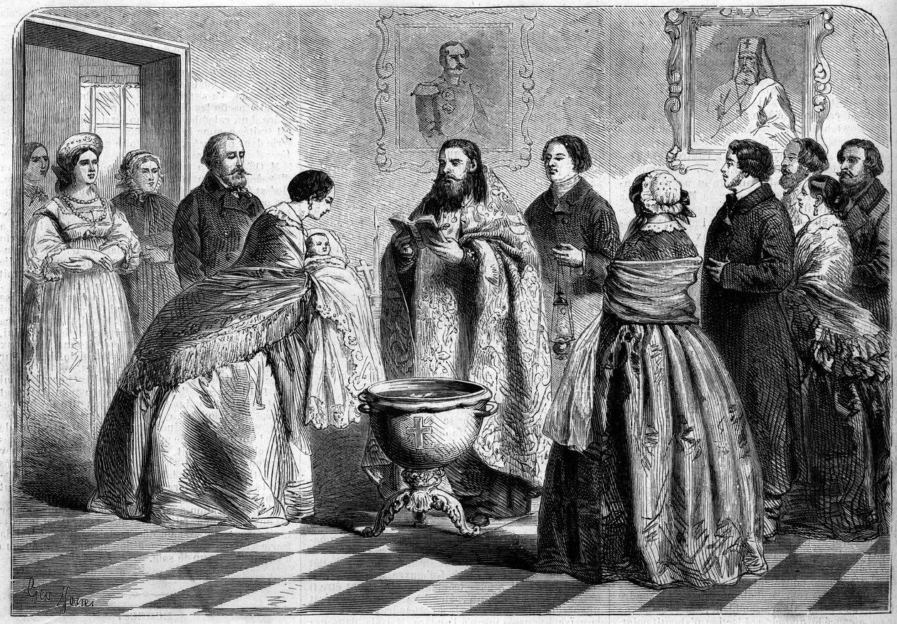 Ortodox rit - dop: dopceremoni, enligt den grekiska riten, i det övre ryska samhället 1858. Barnet är närvarande för påven av sin gudmor innan det nedsänks i baptisteriet. Gravyr i "" Le Monde Illustré"" nr 81 av 30 oktober av French School