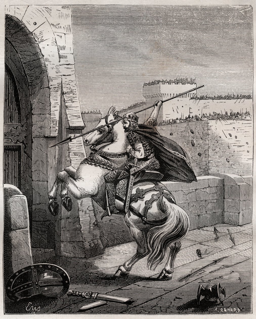 Otto II, helige romerske kejsare före Paris - Otton II av det heliga riket, känd som Roux (955-983) irriterar sig på att inte kunna tränga in i Paris (Paris högkvarter, 978), avancerar under stadens murar för att plantera sin spjut i dörren - gravering in av French School