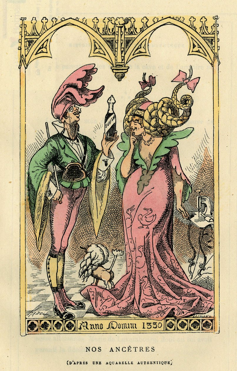 Våra Ancetres, karikatyr efter en akvarell från 1330. I "Histoire de France Tintamarresque" av Touchatout, Paris av French School