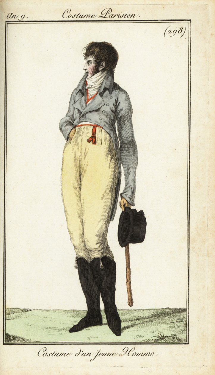 Outfit of a young man or Incroyable, maj 1801 (handfärgad kopparstick) av French School