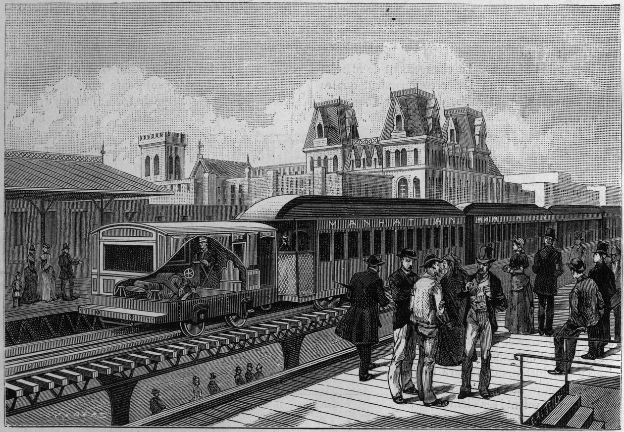 Översikt över Elevated Railroad station och elektriska tåg i New York, USA. Gravyr i "" La Nature. Revue des sciences et de ses applications aux arts et a l