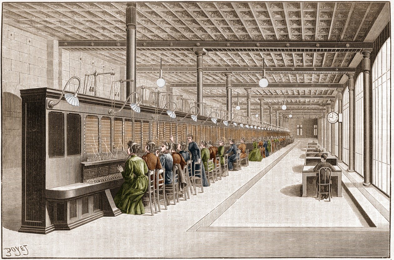 Översikt över det stora telefonkontoret (Central telefoni-standard telefoni) på rue Gutenberg i Paris, organiserat för att betjäna 6000 prenumeranter. Gravyr från 1895. av French School