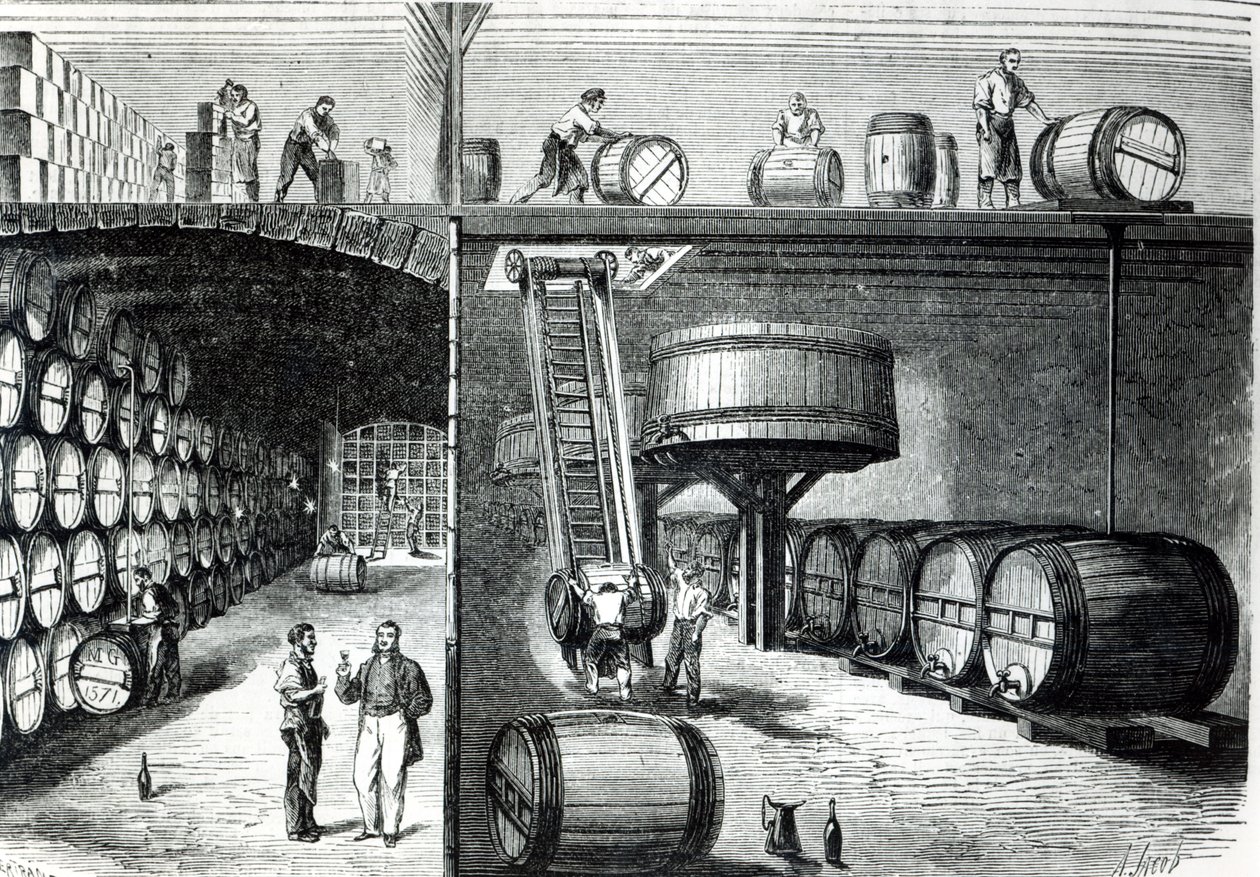 P. Morel och F. Souzac källare och verkstäder i Bordeaux från Le Monde Illustre, 1864 av French School